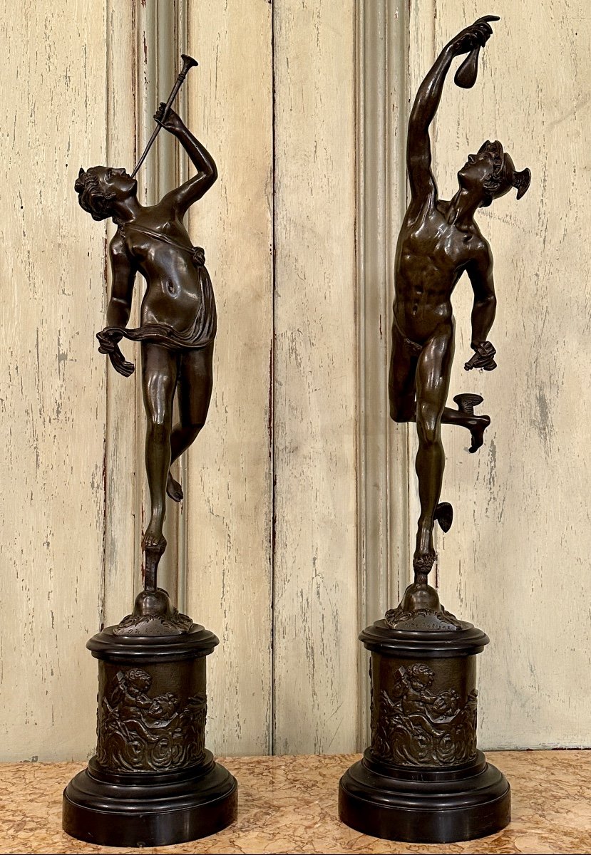 Proantic Jean De Bologne After Pair Of Mercury Bronze Sculptures Ren