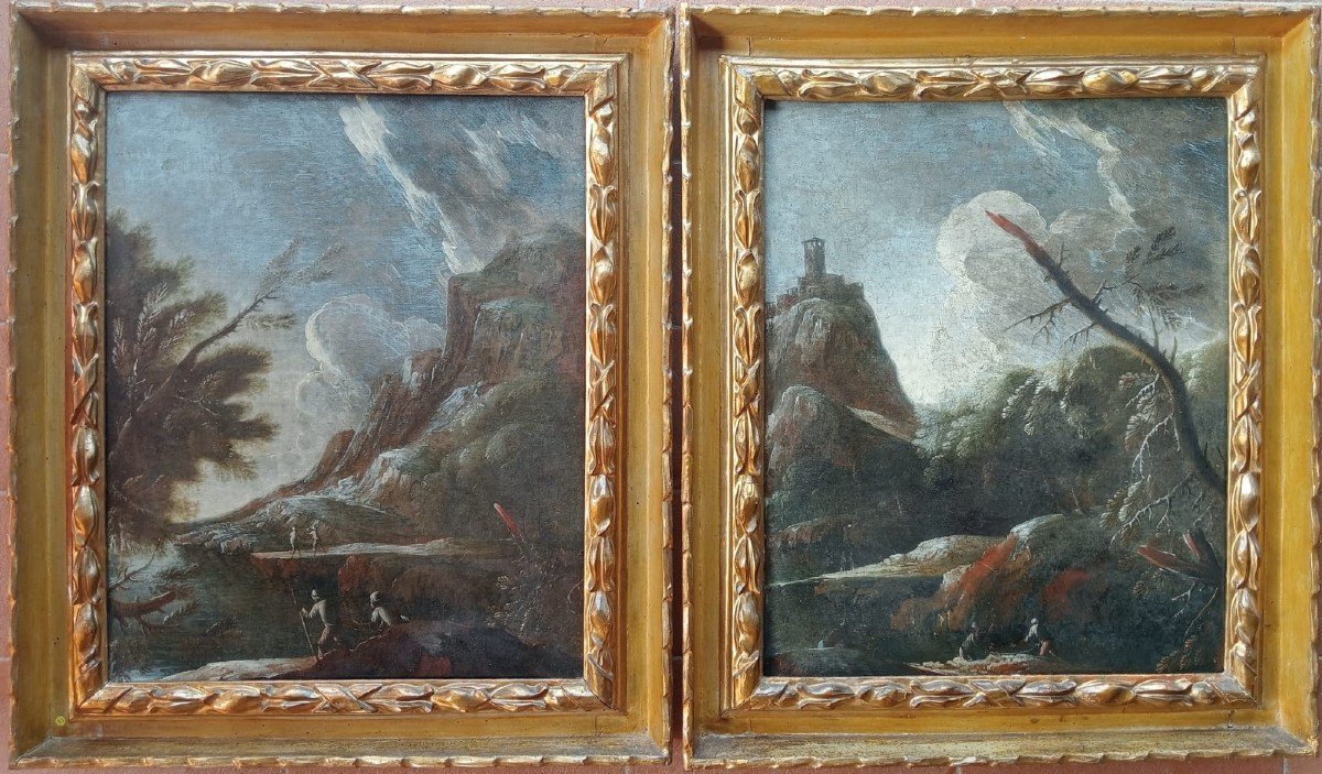 Coppia di paesaggi di Giulio Bucci con cornici originali