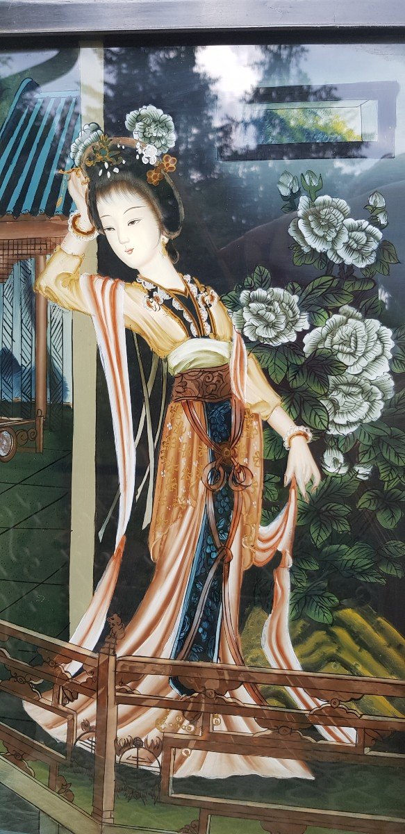 Dipinto sotto-vetro antico Guanin cinese-photo-2