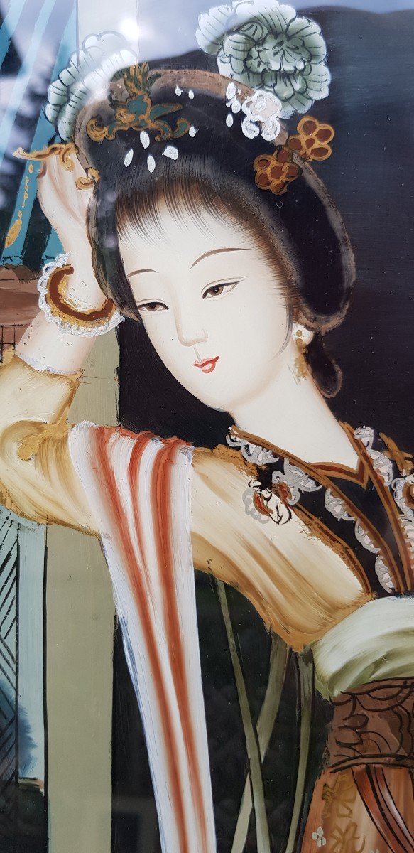 Dipinto sotto-vetro antico Guanin cinese-photo-3
