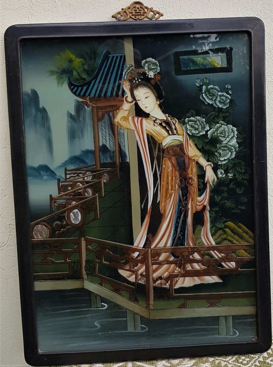 Dipinto sotto-vetro antico Guanin cinese