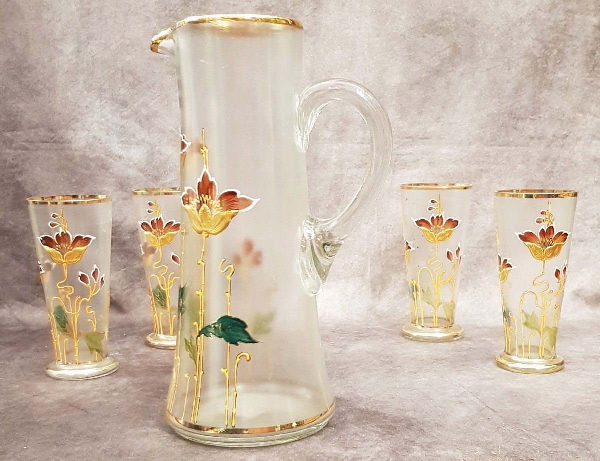Brocca caraffa E 4 Bicchieri Art Nouveau In Vetro decorato con Smalti-photo-2