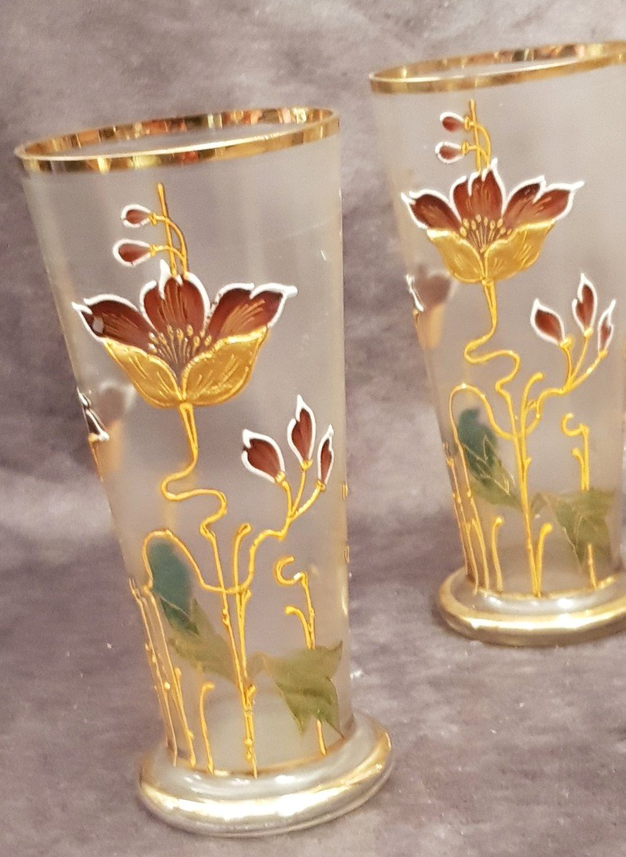 Brocca caraffa E 4 Bicchieri Art Nouveau In Vetro decorato con Smalti-photo-4