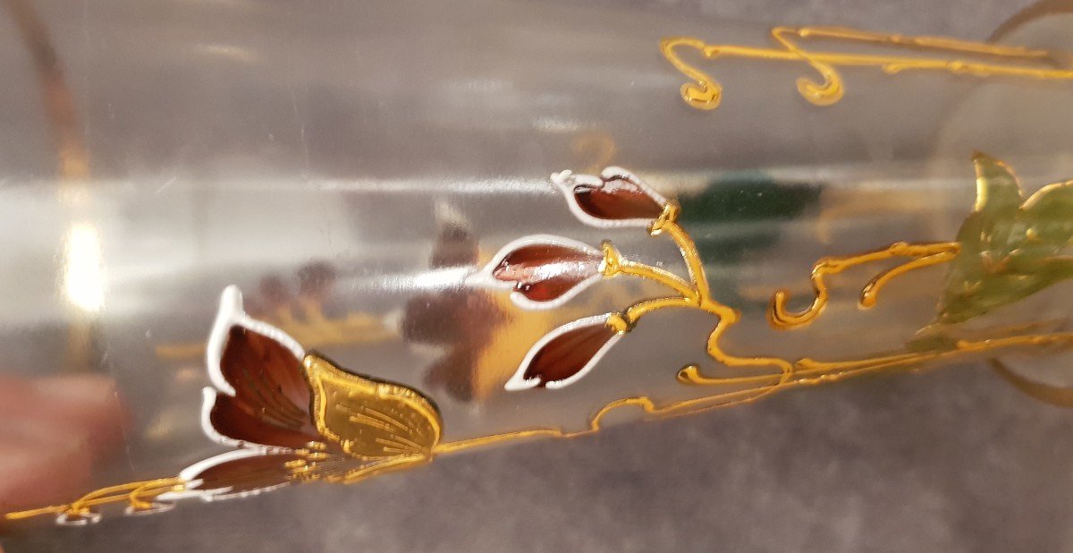 Brocca caraffa E 4 Bicchieri Art Nouveau In Vetro decorato con Smalti-photo-2