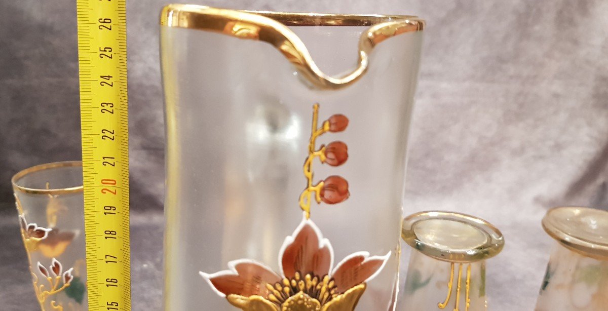 Brocca caraffa E 4 Bicchieri Art Nouveau In Vetro decorato con Smalti-photo-6