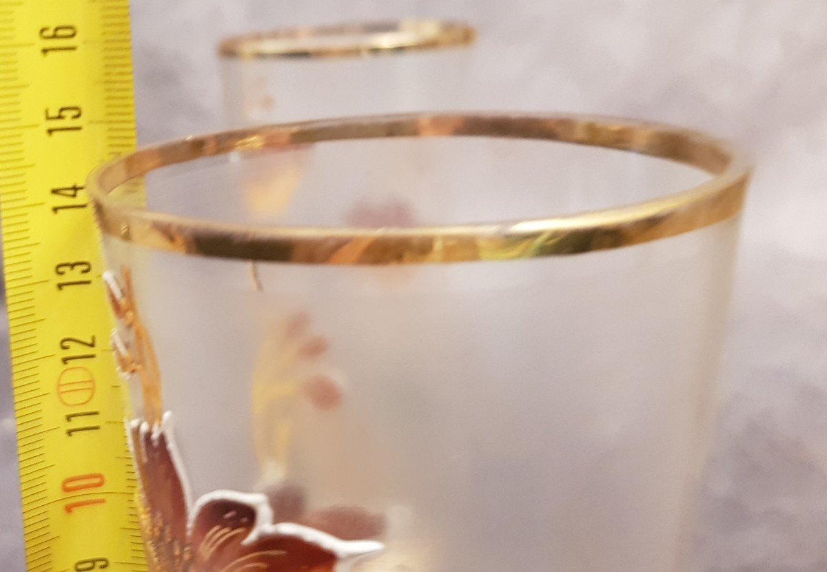 Brocca caraffa E 4 Bicchieri Art Nouveau In Vetro decorato con Smalti-photo-8