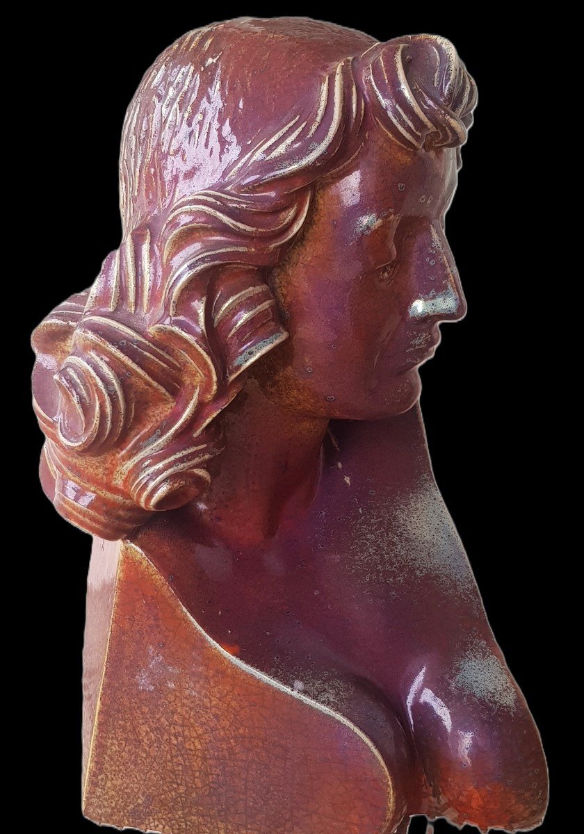 Grande scultura mezzo busto femminile in ceramica smaltata a lustro firmata  Aldo Rontini -photo-3