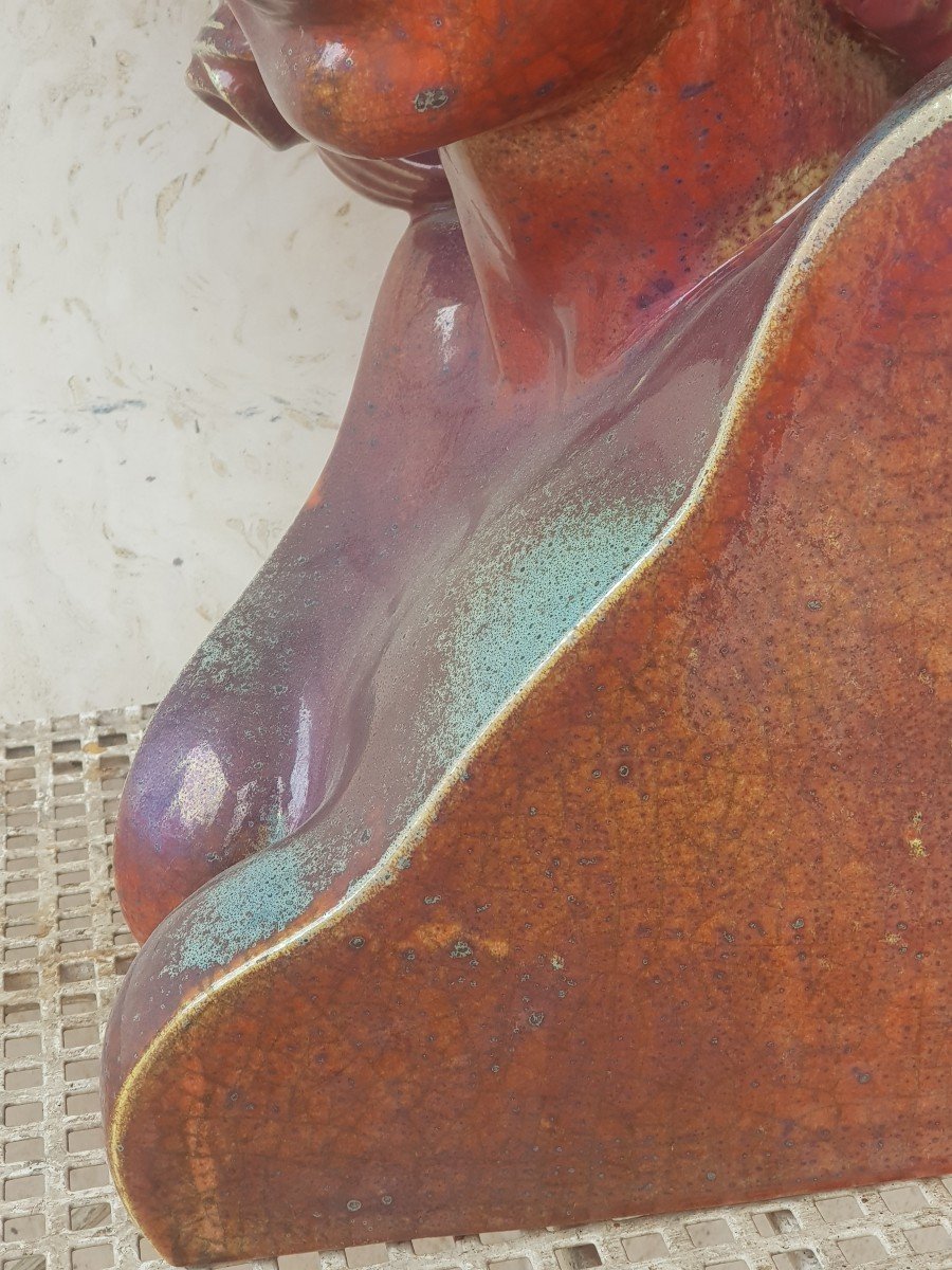 Grande scultura mezzo busto femminile in ceramica smaltata a lustro firmata  Aldo Rontini -photo-2
