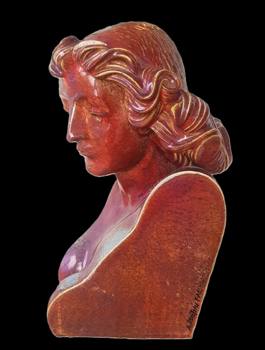 Grande scultura mezzo busto femminile in ceramica smaltata a lustro firmata  Aldo Rontini 