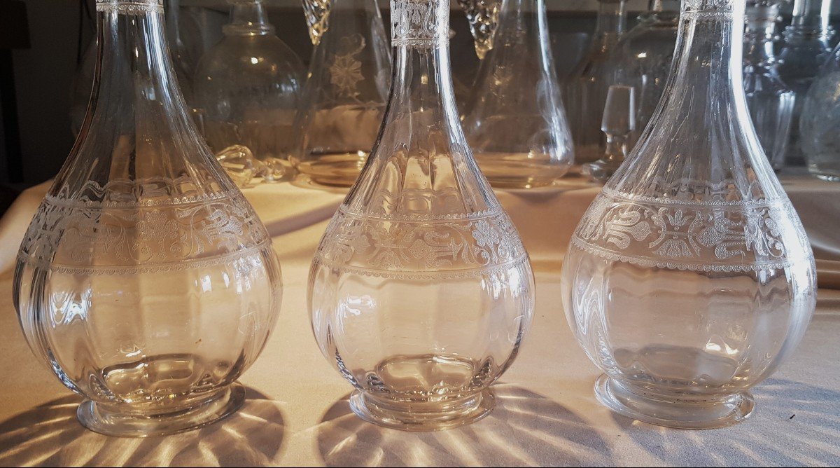 Serie Di Tre antiche Bottiglie Di Vino, Decanter  In Cristallo Baccarat  Mod. Chablis-photo-3