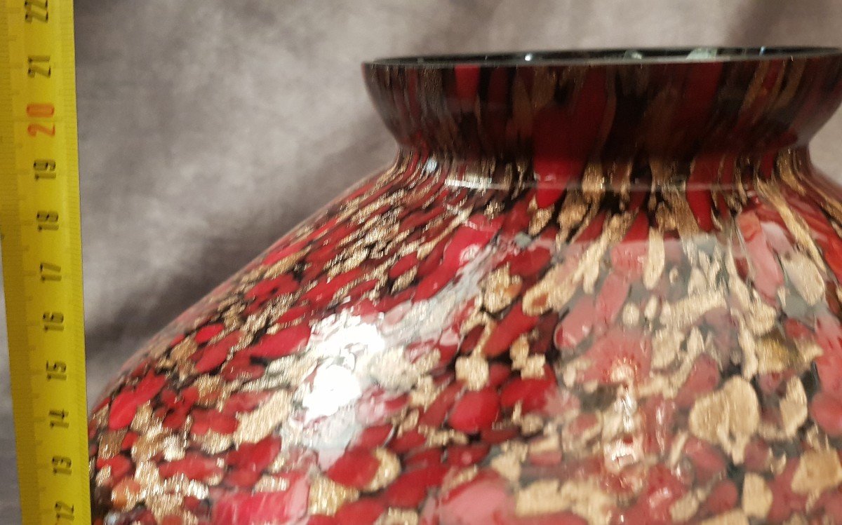 Vaso Nason Murano anni '60 in vetro nero, rosso e avventurina-photo-2