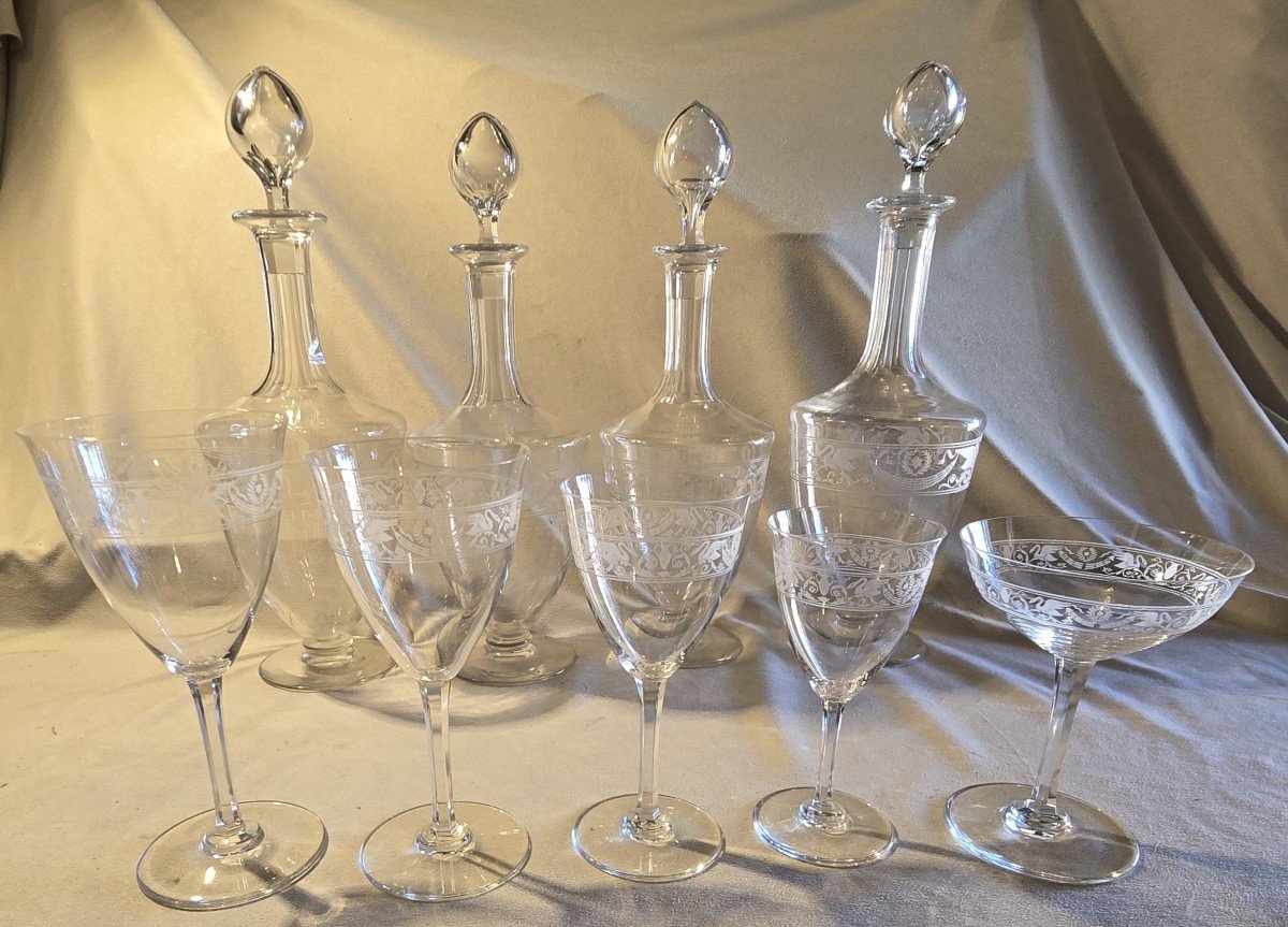 Set di 4 bottiglie decanter antiche in cristallo Baccarat modello Cygne Empire-photo-3