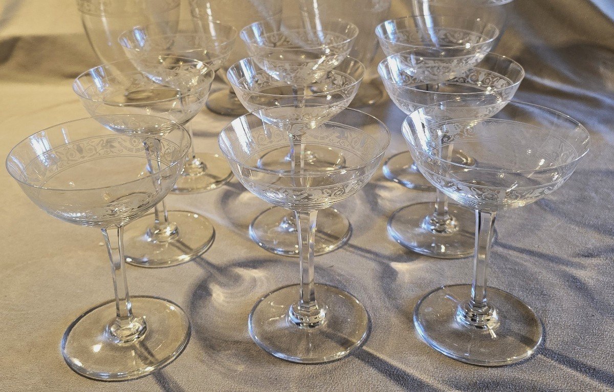 Set di 9 coppe da champagne antiche in cristallo Baccarat modello Cygne Empire-photo-2