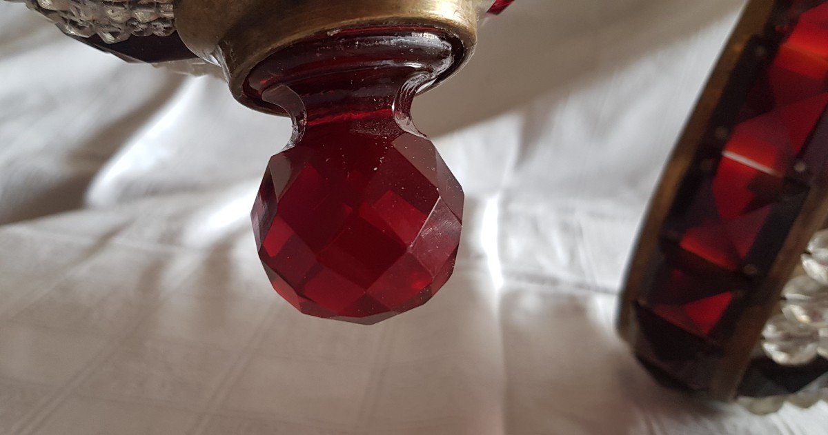 Petit Lustre Ancien Montgolfier En Cristal Blanc Et Rouge 18 Cm Diamètre-photo-6