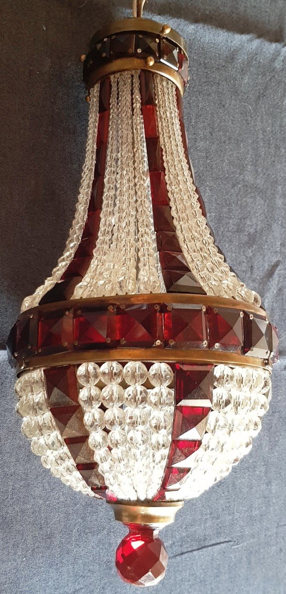 Petit Lustre Ancien Montgolfier En Cristal Blanc Et Rouge 18 Cm Diamètre