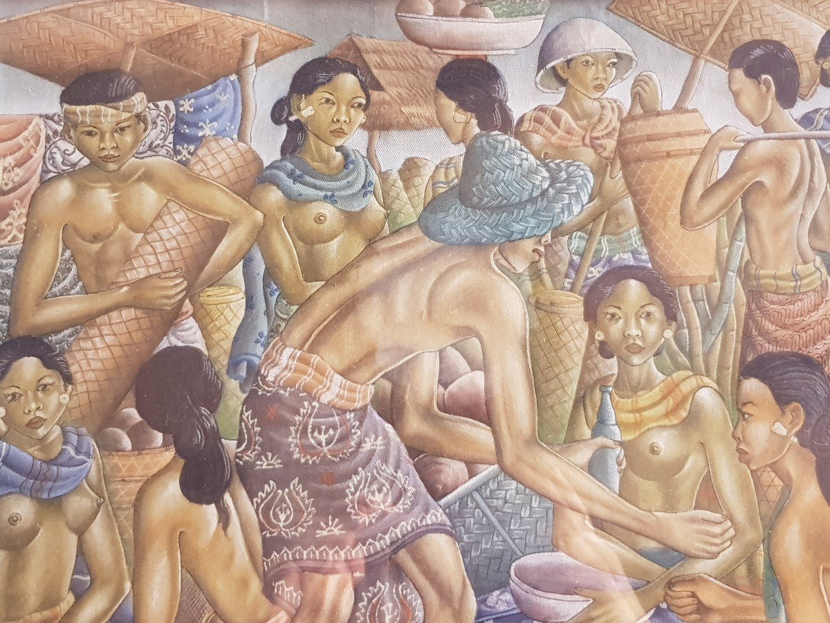 Tableau Peint Sur Tissu Signé Par l'Artiste Indonésien Wayan Dolik Bali 77x57 (59x39) Cm-photo-4