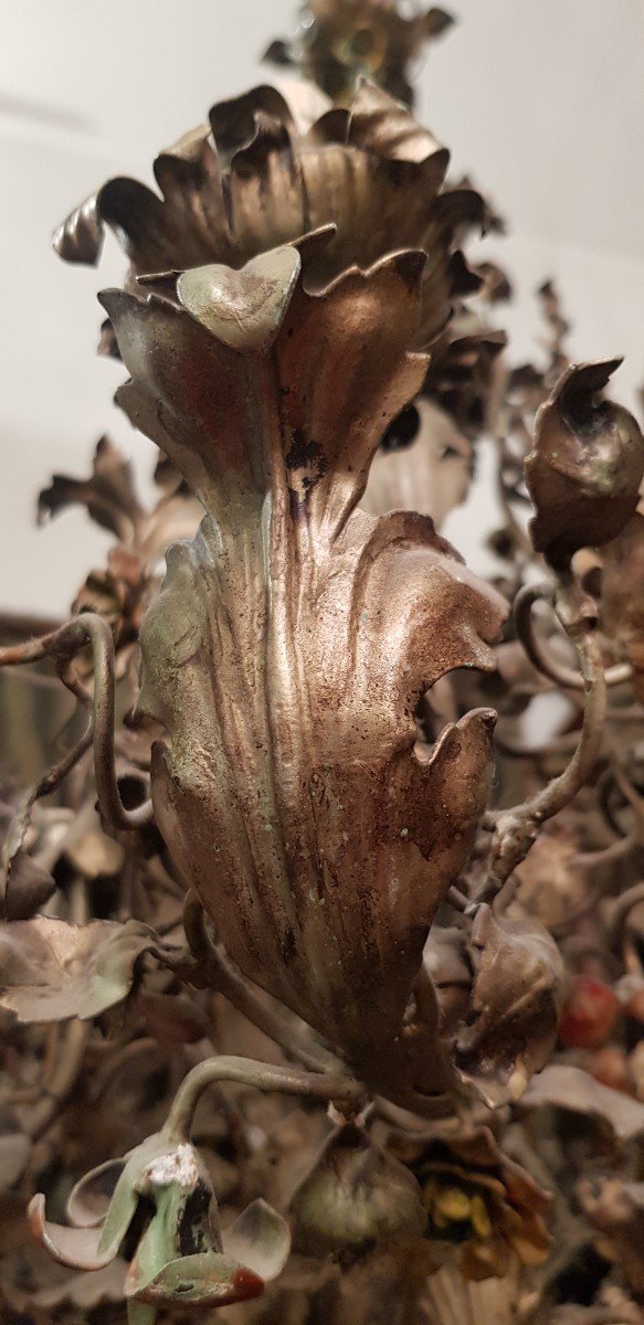  Lustre Ancien Artisanat Florentin En Fer Corbeille De Fleurs Polichrome -photo-1