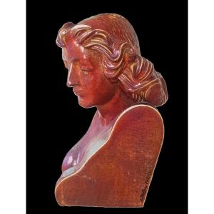 Grande scultura mezzo busto femminile in ceramica smaltata a lustro firmata  Aldo Rontini 