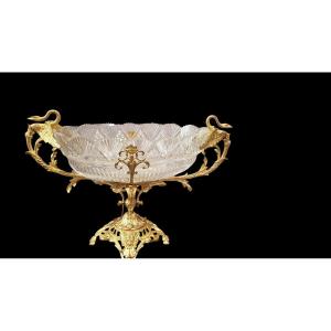 Antica coppa in cristallo a taglio ovale stile Carlo X con supporto in bronzo