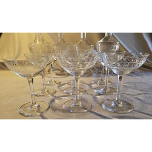 Set di 9 coppe da champagne antiche in cristallo Baccarat modello Cygne Empire