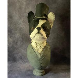 Vecchia scultura raffigurante una caricature di un   bulldogue francese - cartapesta e legno - 