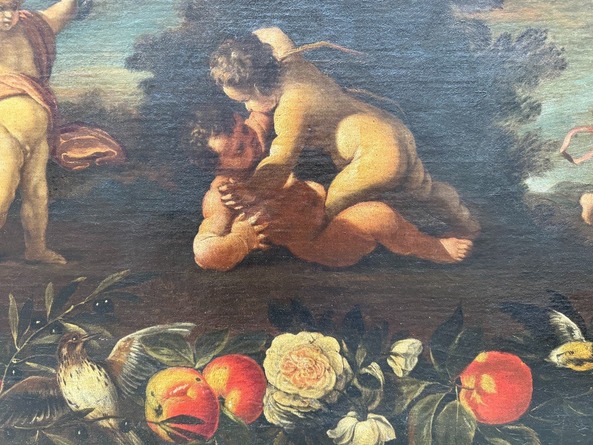 Gioco di putti entro ghirlanda di fiori e frutta-photo-2