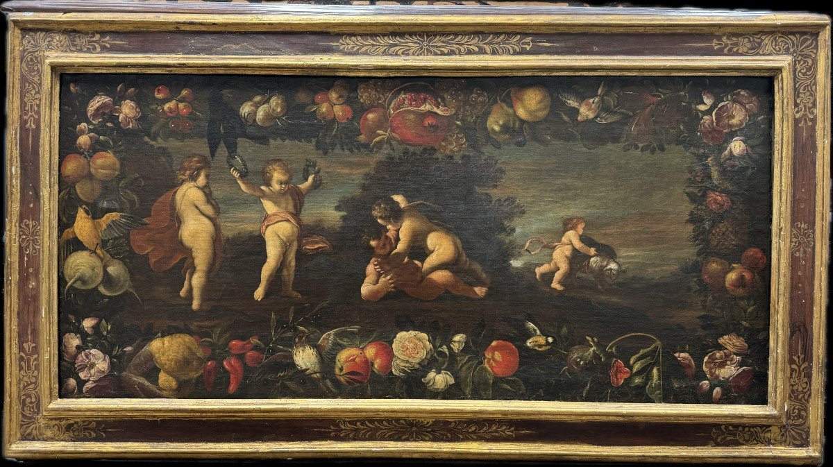 Gioco di putti entro ghirlanda di fiori e frutta