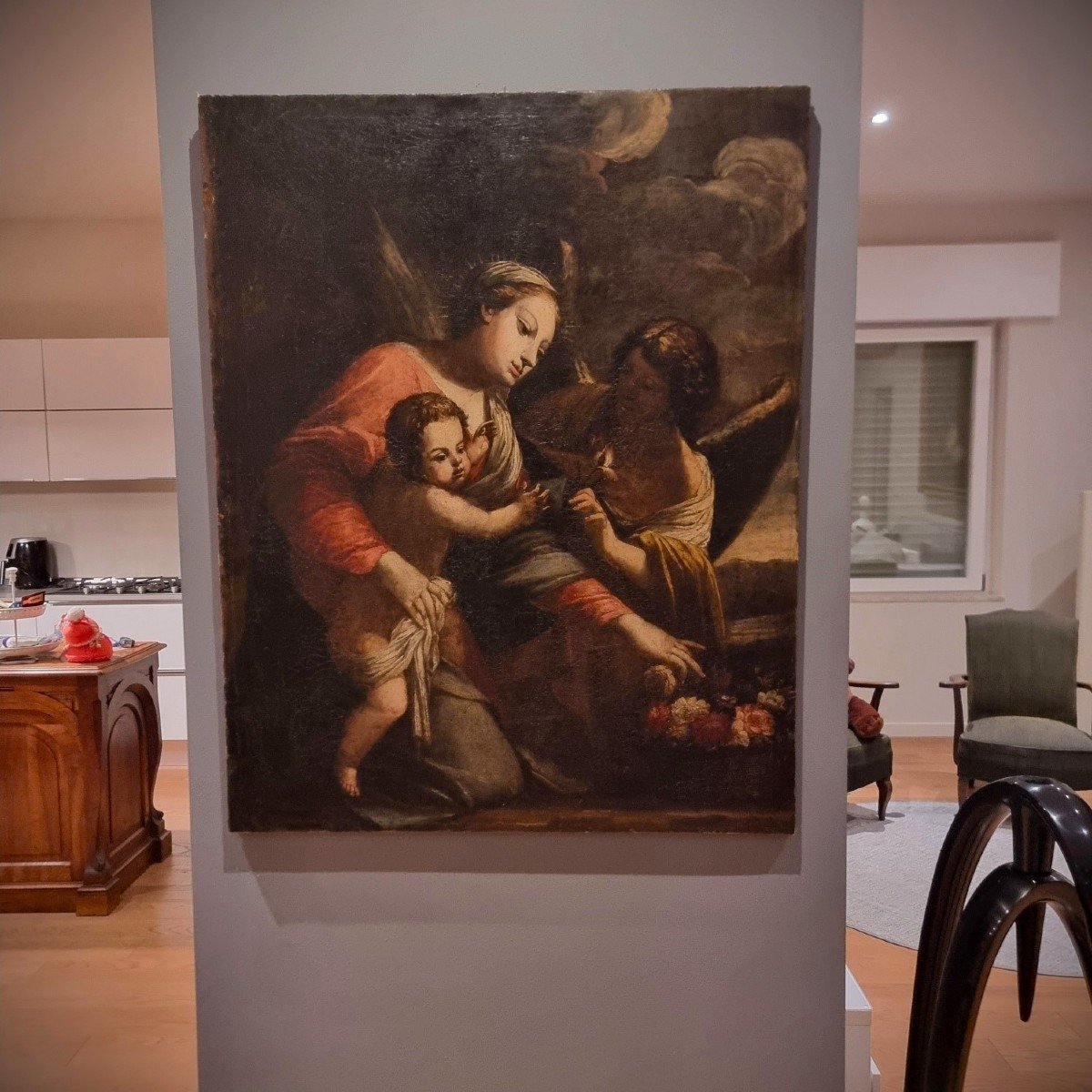 Olio su tela Madonna con Bambino e Arcangelo del 600 scuola Bolognese-photo-2