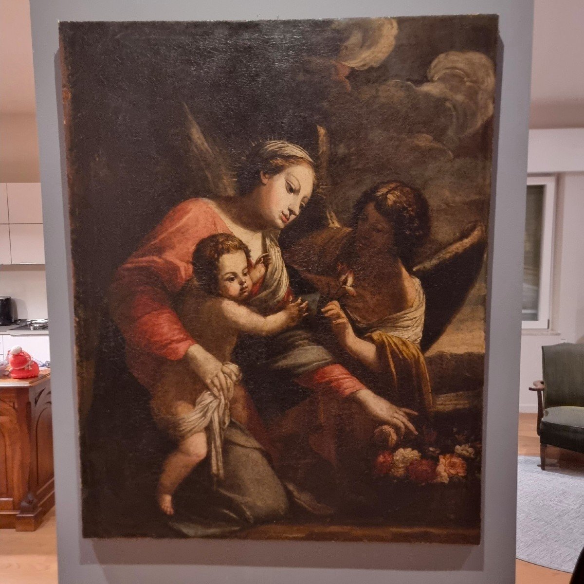 Olio su tela Madonna con Bambino e Arcangelo del 600 scuola Bolognese-photo-5