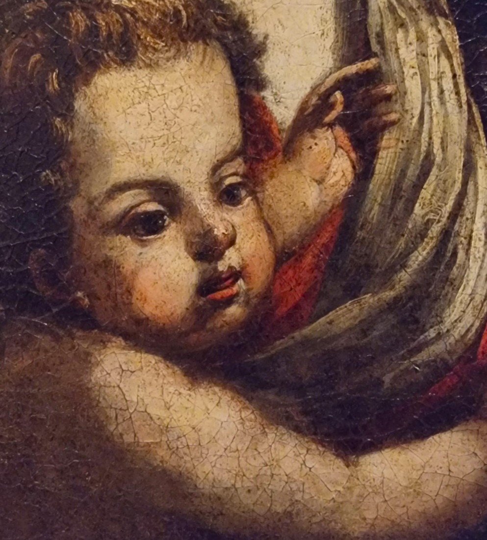 Olio su tela Madonna con Bambino e Arcangelo del 600 scuola Bolognese-photo-6