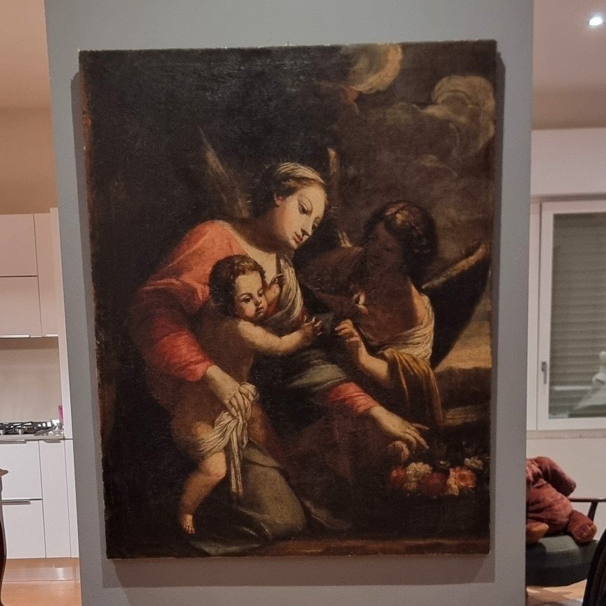 Olio su tela Madonna con Bambino e Arcangelo del 600 scuola Bolognese