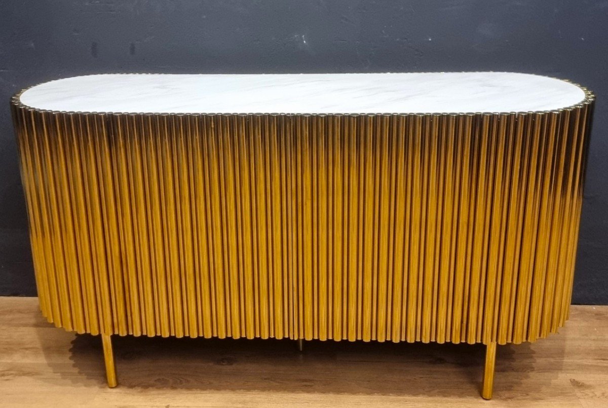 Credenza in Acciaio Dorato Vintage con Piano in Marmo-photo-6