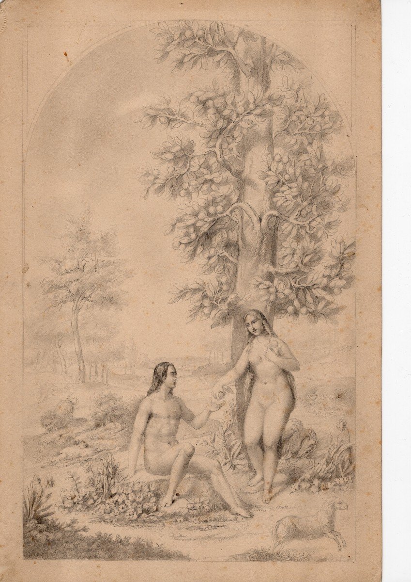 Série De 4 Dessins Crayon Sur Papier "adam Et Eve "-photo-1