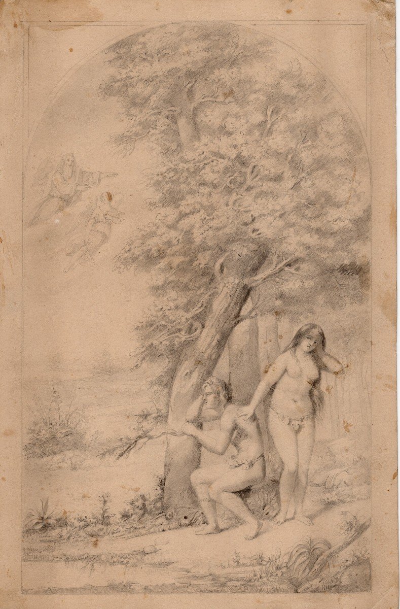 Série De 4 Dessins Crayon Sur Papier "adam Et Eve "-photo-3