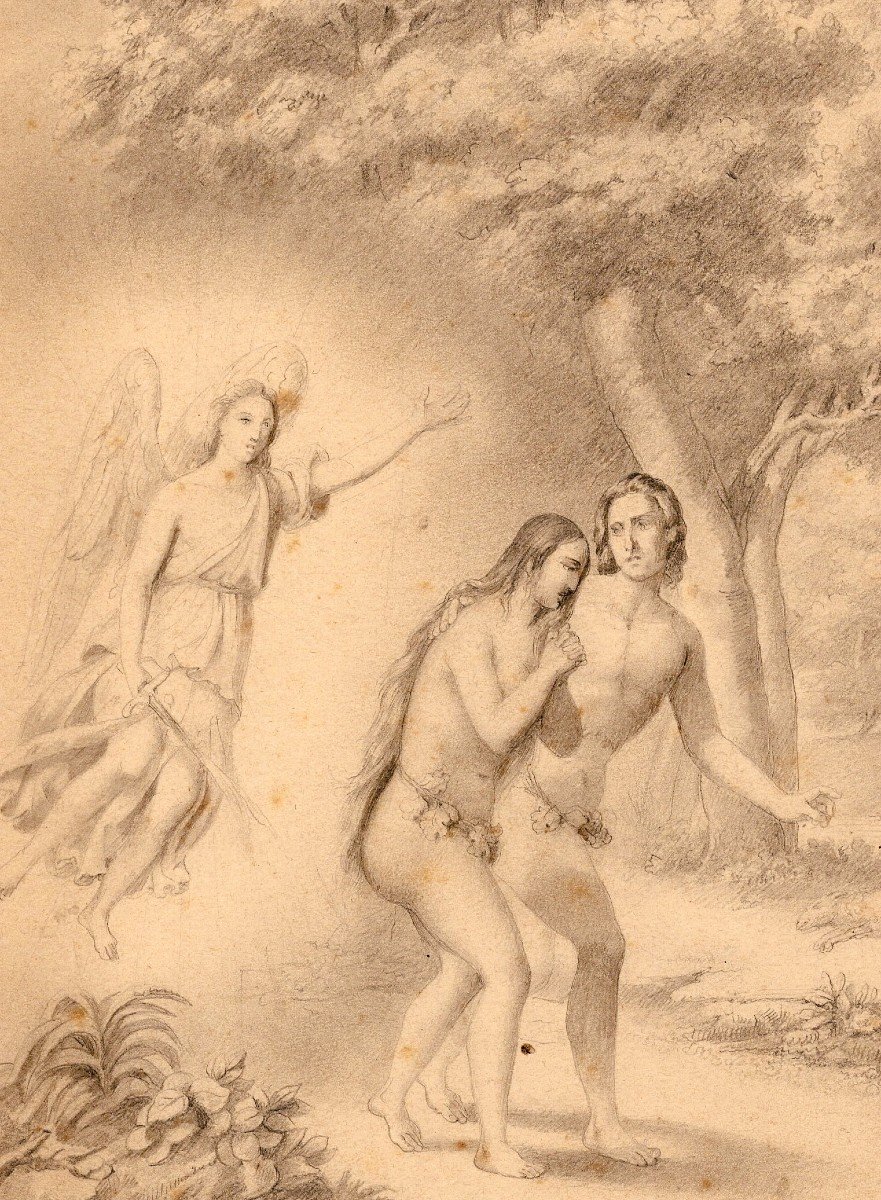 Série De 4 Dessins Crayon Sur Papier "adam Et Eve "