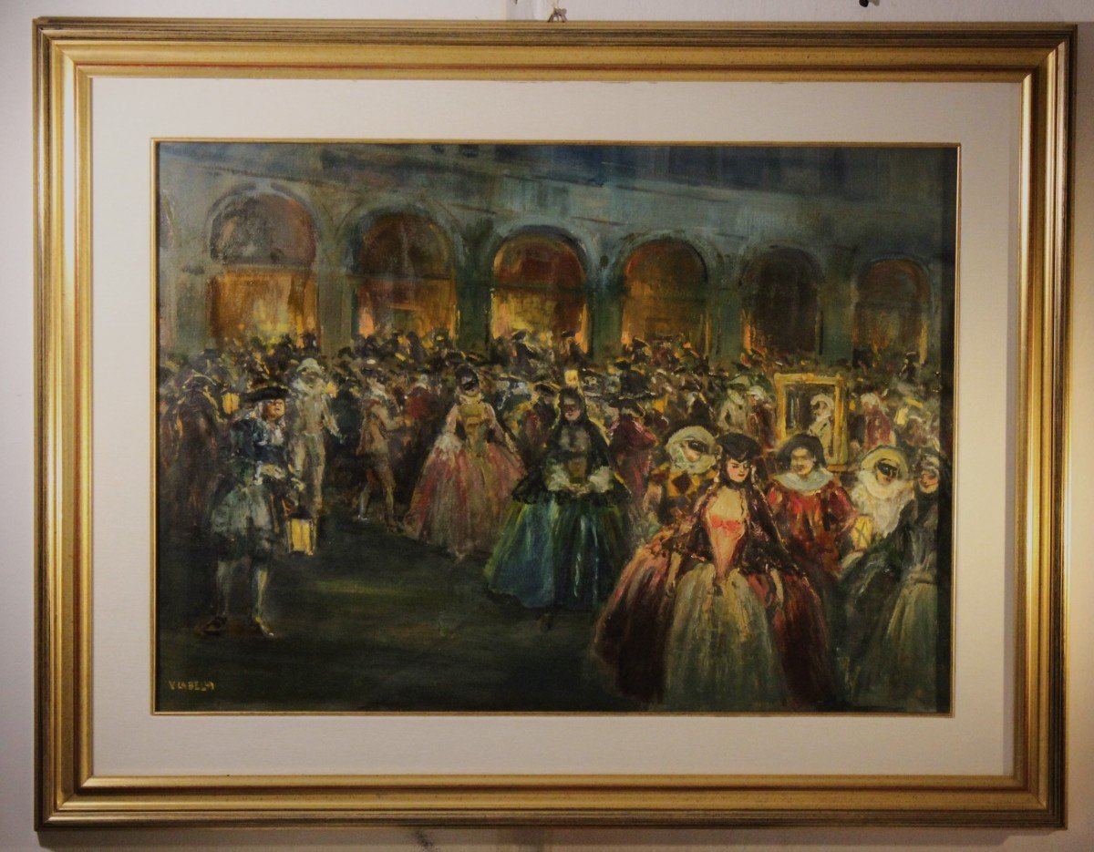 Vincenzo La Bella (Napoli 1872 - 1954) | Carnevale a Venezia - dipinto a olio-photo-1