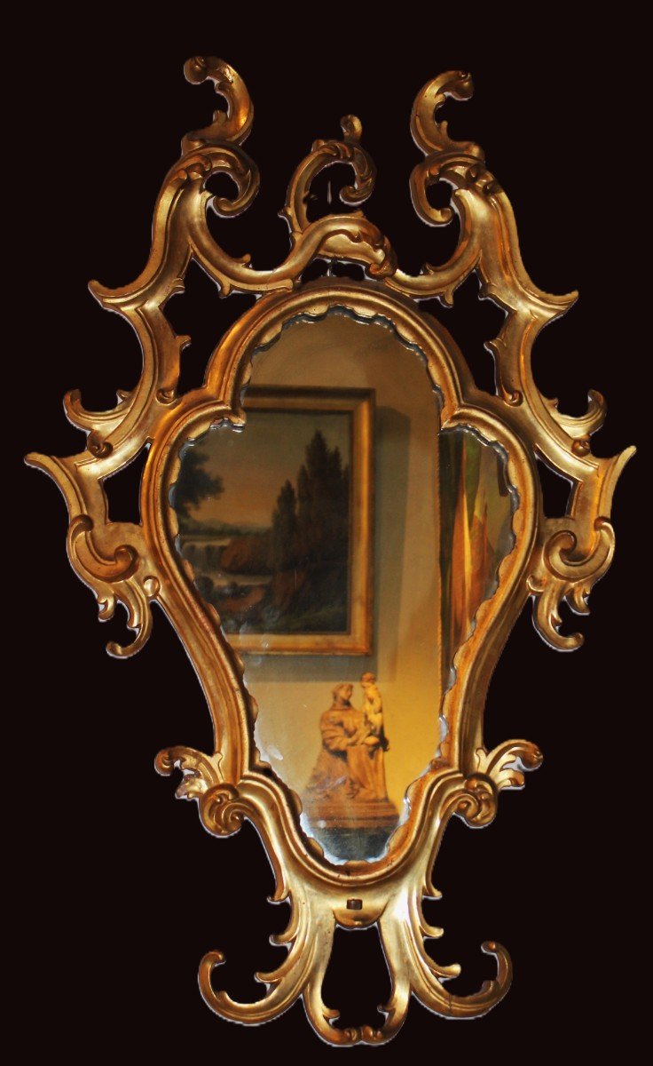 Specchiera tipo a ventola in legno finemente intagliato e dorato, Bologna XVIII secolo-photo-2