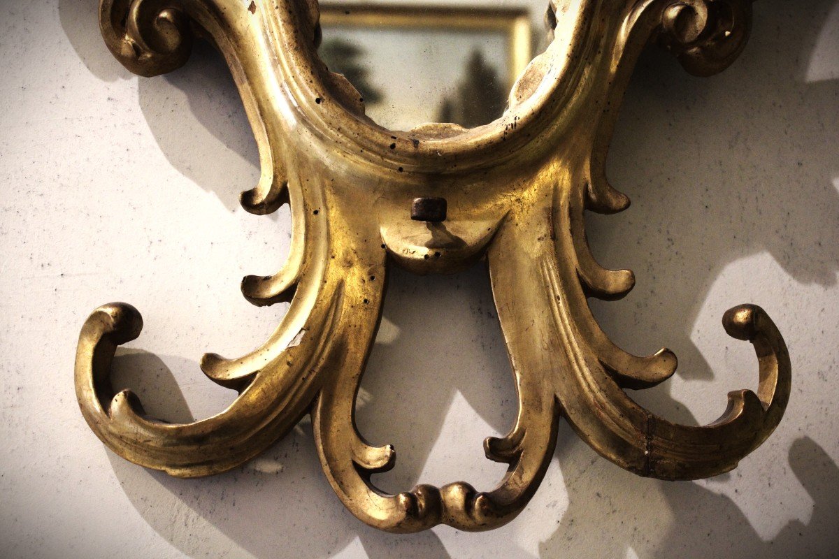 Specchiera tipo a ventola in legno finemente intagliato e dorato, Bologna XVIII secolo-photo-4