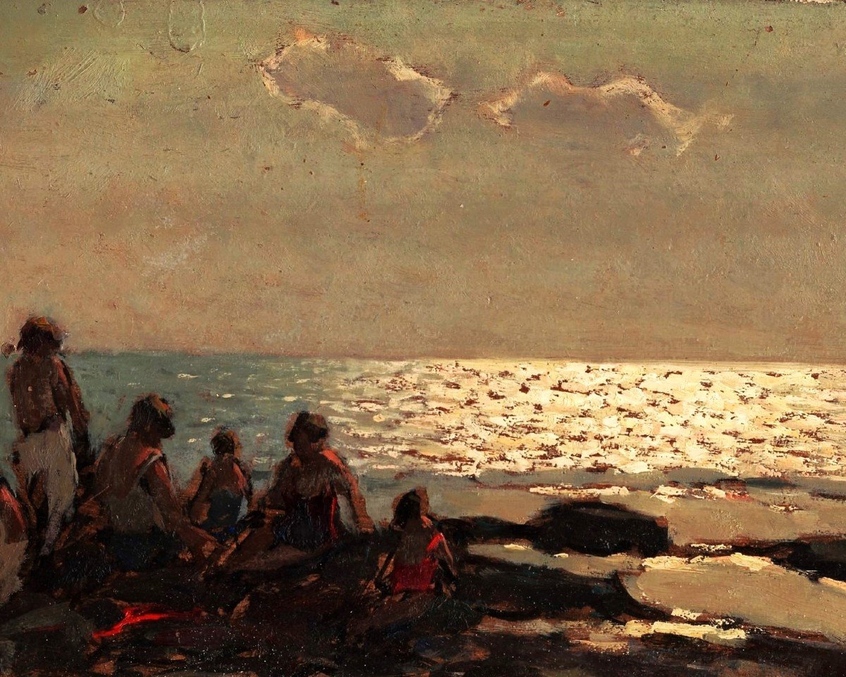 Giovanni Lomi (Livorno, 1889 - 1969) Il tramonto sugli scogli, dipinto a olio.-photo-2