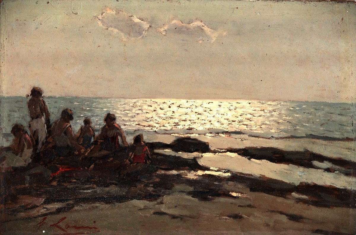 Giovanni Lomi (Livorno, 1889 - 1969) Il tramonto sugli scogli, dipinto a olio.