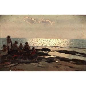 Giovanni Lomi (Livorno, 1889 - 1969) Il tramonto sugli scogli, dipinto a olio.