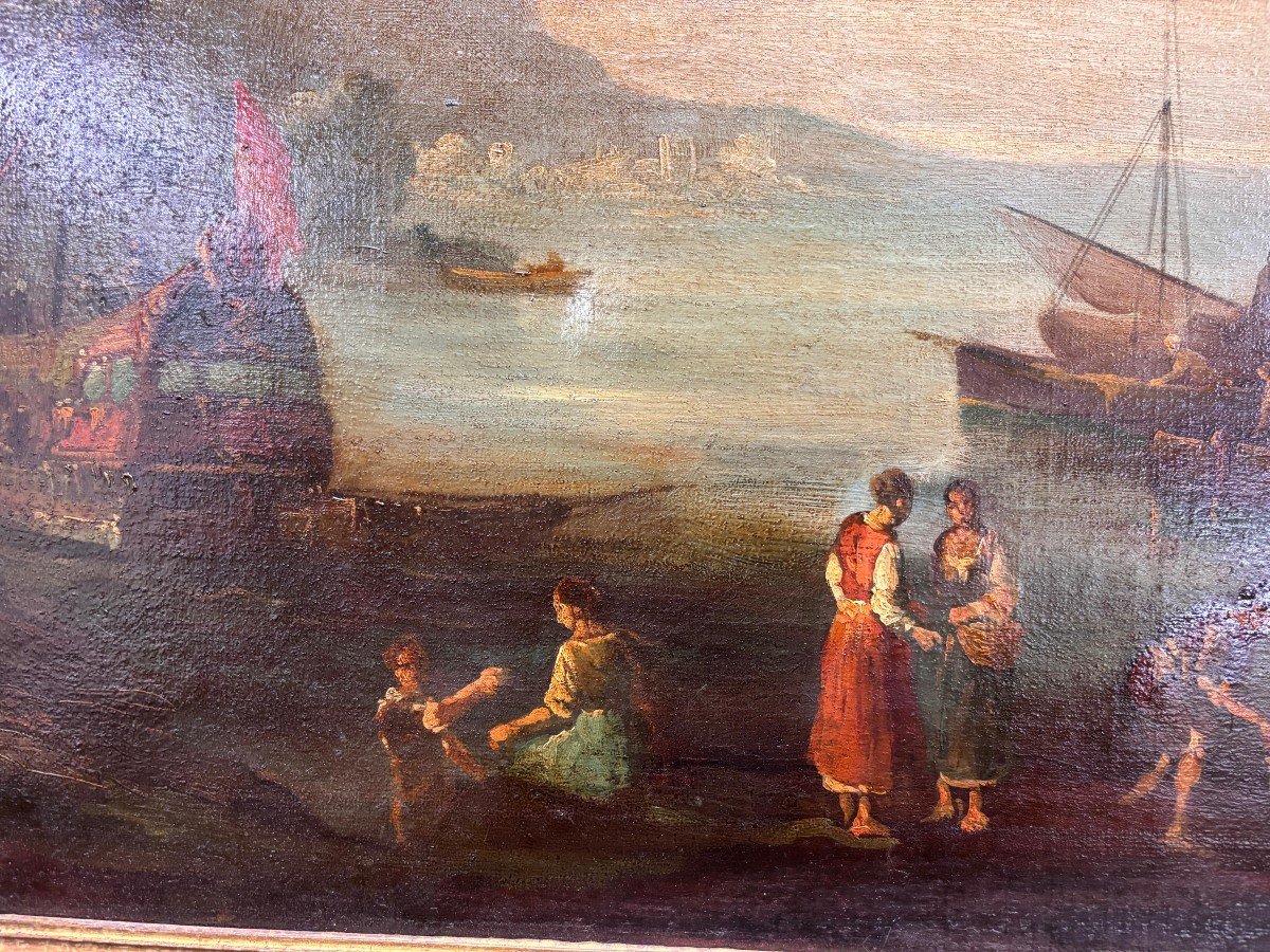 Olio su tela raffigurante veduta di porto con personaggi-photo-1