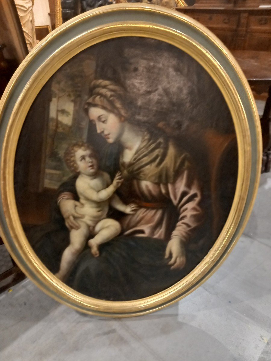 Dipinto ovale raffigurante Madonna con Bambino, '600, Emilia