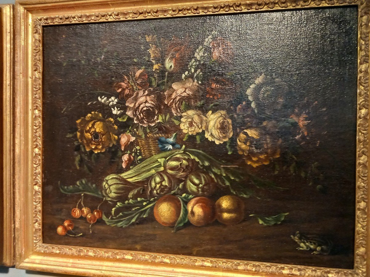 Due dipinti olio su tela - " Cesto di frutta e fiori ", '700, Lombardia-photo-2