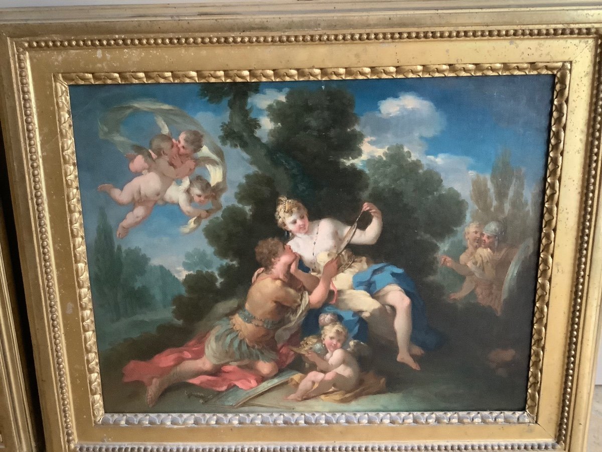 Coppia di dipinti olio su tela raff Rinaldo e Armida Parma Ep 1666- 1751