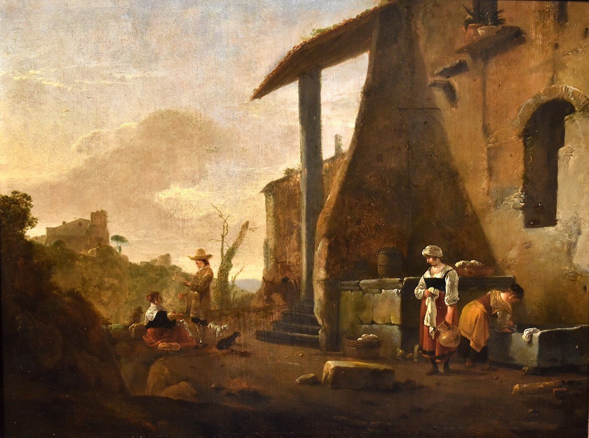 Paesaggio romano con lavandaie e venditrice di mele, Thomas Wijck (1616- 1677)