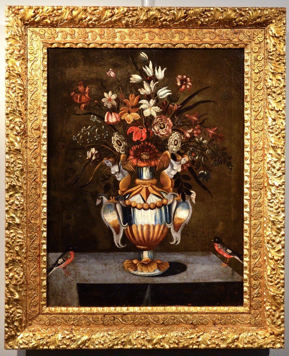 Composizione di fiori in un vaso classico, Maestro dei vasi a grottesche (Roma, XVII secolo)-photo-2