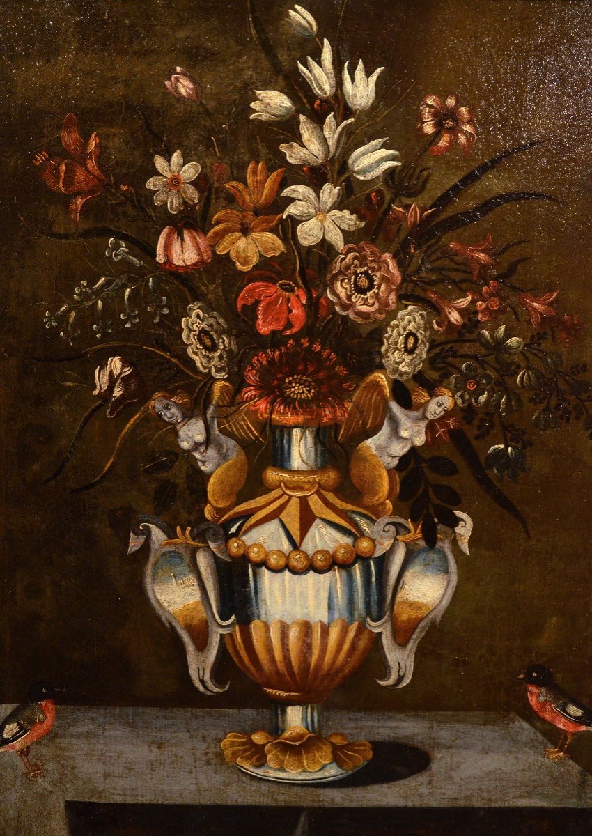 Composizione di fiori in un vaso classico, Maestro dei vasi a grottesche (Roma, XVII secolo)