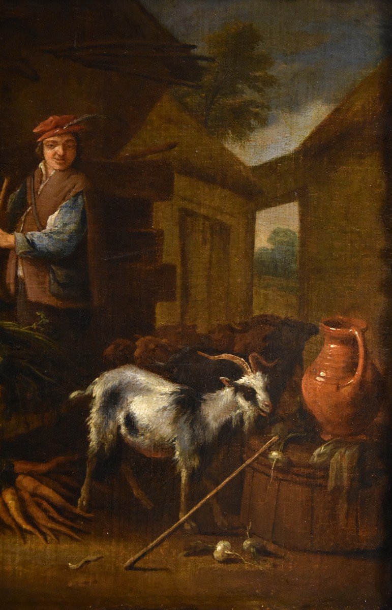 Adriaen de Gryef (Leida 1657 - Bruxelles 1722) firmato, Contadino nel cortile con natura morta -photo-5