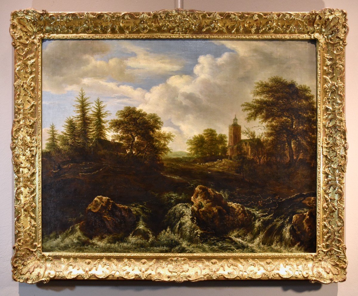 Paesaggio boscoso con cascata, Jacob van Ruisdael (Haarlem 1628 - Amsterdam 1682) attribuibile